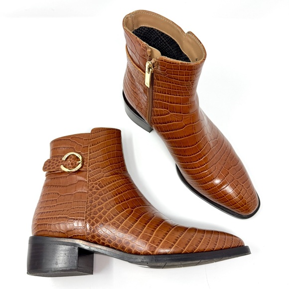 Aquatalia Fara Croc-Embossed Weatherproof Leather Ankle Boots Cognac - Picture 3 of 15